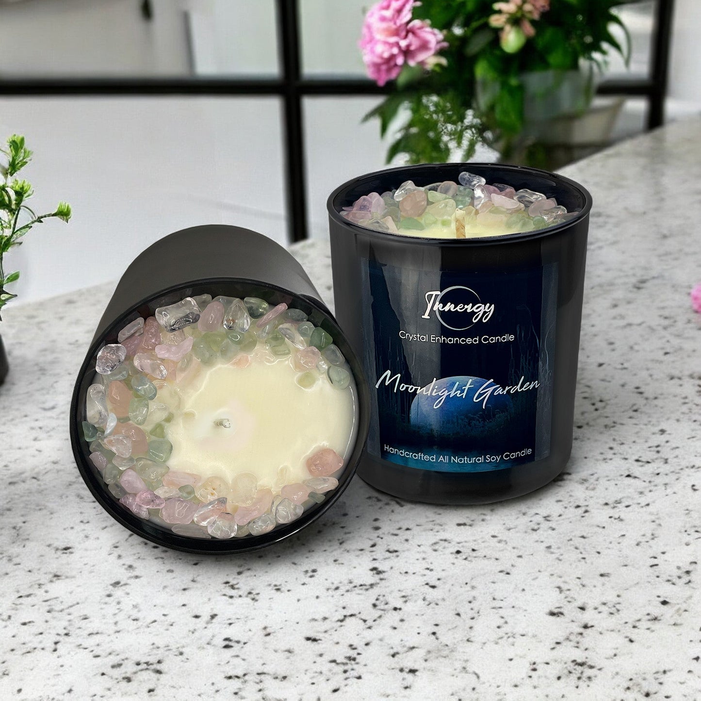 Moonlight Garden Crystal Candle with Green Fluorite, Rose, and Crystal Quartz | Coconut-Soy Wax Candle, 9oz - Tampa Home & Garden Store