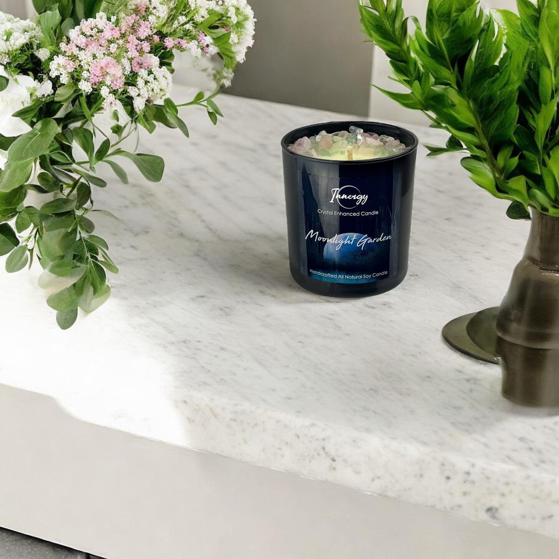 Moonlight Garden Crystal Candle with Green Fluorite, Rose, and Crystal Quartz | Coconut-Soy Wax Candle, 9oz - Tampa Home & Garden Store