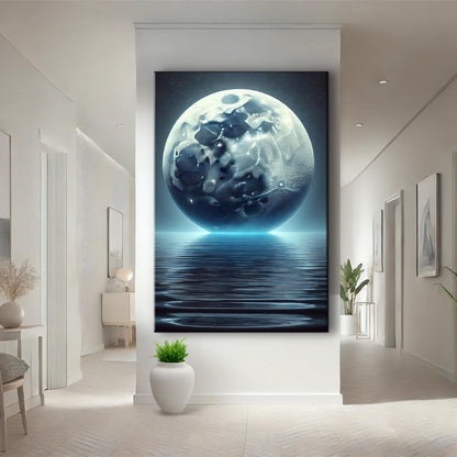 Cool Moonlight Glow Wall Art canvas by Tailored Canvases, blue moon over calm water on Tampa Home & Garden Store