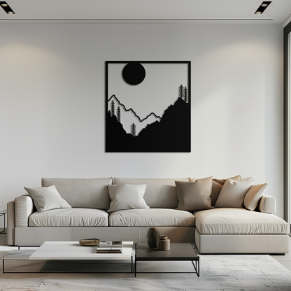 Moonlit Mountain Landscape Metal Wall Art – Modern Square Forest Scene Silhouette for Rustic Nature Decor- KAF346 - Tampa Home & Garden Store