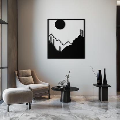 Moonlit Mountain Landscape Metal Wall Art – Modern Square Forest Scene Silhouette for Rustic Nature Decor- KAF346 - Tampa Home & Garden Store