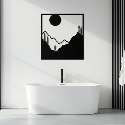 Moonlit Mountain Landscape Metal Wall Art – Modern Square Forest Scene Silhouette for Rustic Nature Decor- KAF346 - Tampa Home & Garden Store