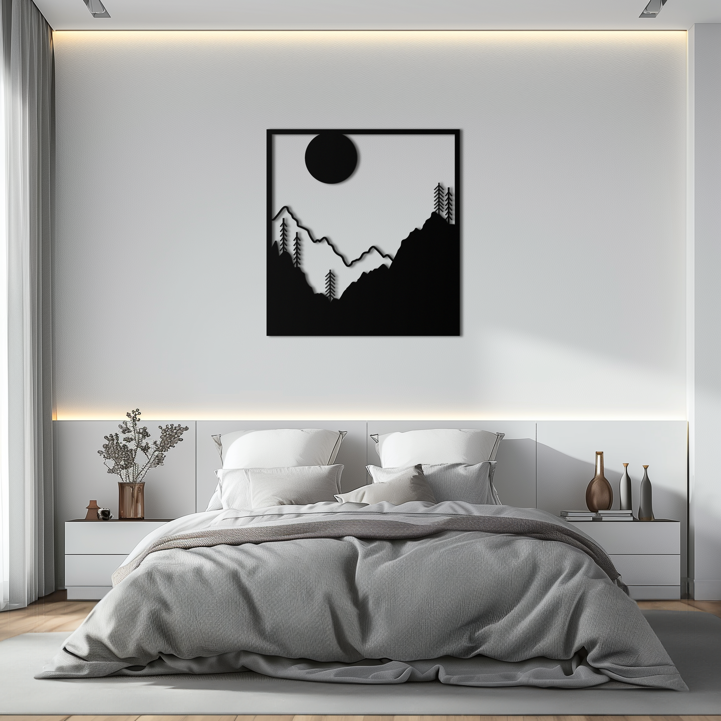 Moonlit Mountain Landscape Metal Wall Art – Modern Square Forest Scene Silhouette for Rustic Nature Decor- KAF346 - Tampa Home & Garden Store
