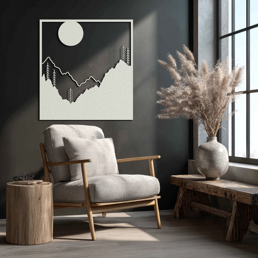 Moonlit Mountain Landscape Metal Wall Art – Modern Square Forest Scene Silhouette for Rustic Nature Decor- KAF346 - Tampa Home & Garden Store