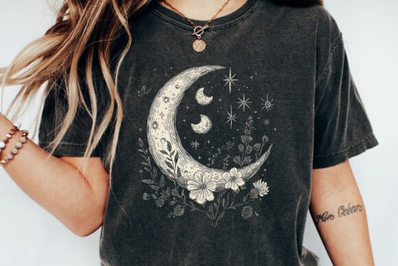 Moons and Stars Boho Floral Graphic T-Shirt unisex black bamboo/cotton by Spun Bamboo on Tampa Home & Garden Store
