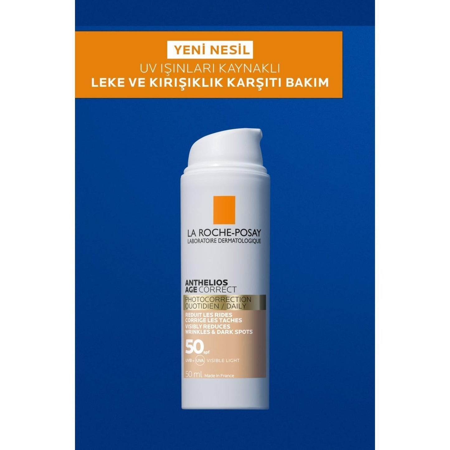La Roche-Posay Anthelios Age Correct SPF50+ tinted sunscreen bottle with logo on white bottle on Tampa Home & Garden Store