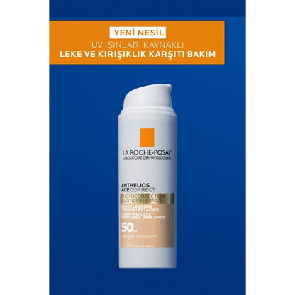 La Roche-Posay Anthelios Age Correct SPF50+ tinted sunscreen bottle with logo on white bottle on Tampa Home & Garden Store