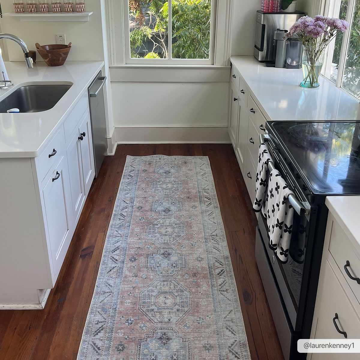 Morcott Peach Washable Area Rug long kitchen runner with peach and ivory geometric on hardwood on Tampa Home & Garden Store