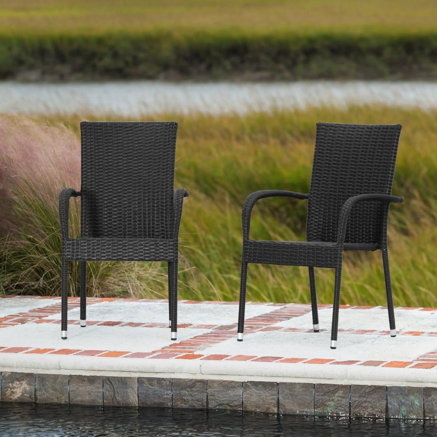 Morgan Outdoor Wicker Stacking Chairs, black, set of 4 for outdoor use on patio on Tampa Home & Garden Store