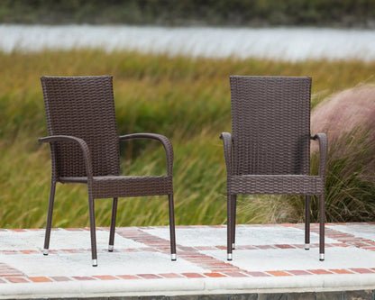 Morgan Outdoor Wicker Stacking Chairs mocha set of 4, two chairs shown outdoors on Tampa Home & Garden Store