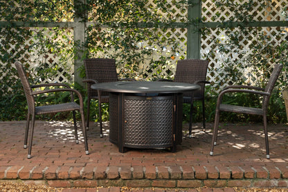 Morgan Outdoor Wicker Stacking Chairs mocha set of 4 around round fire pit table on Tampa Home & Garden Store