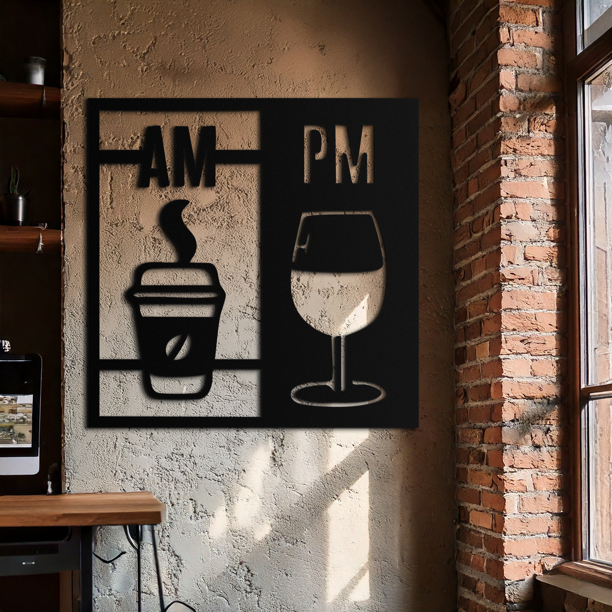 Morning Coffee and Evening Wine Metal Wall Art – AM PM Modern Black Kitchen Decor- KAF547 - Tampa Home & Garden Store