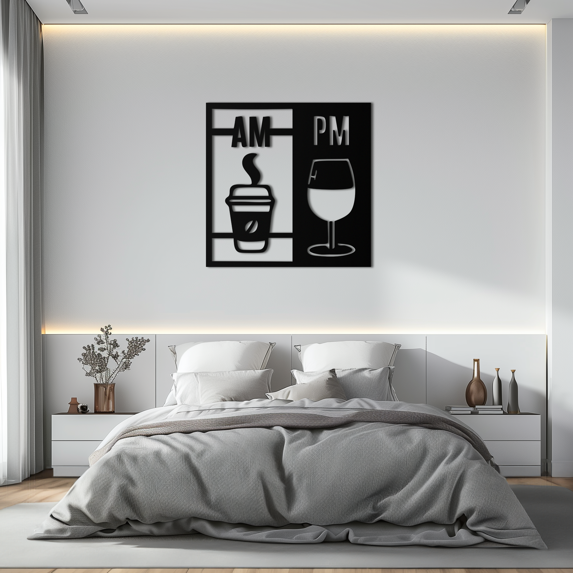 Morning Coffee and Evening Wine Metal Wall Art – AM PM Modern Black Kitchen Decor- KAF547 - Tampa Home & Garden Store