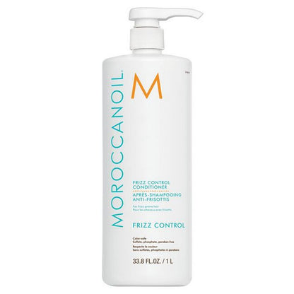 Moroccanoil Frizz Control Conditioner bottle with pump, white 1 L, turquoise branding on Tampa Home & Garden Store