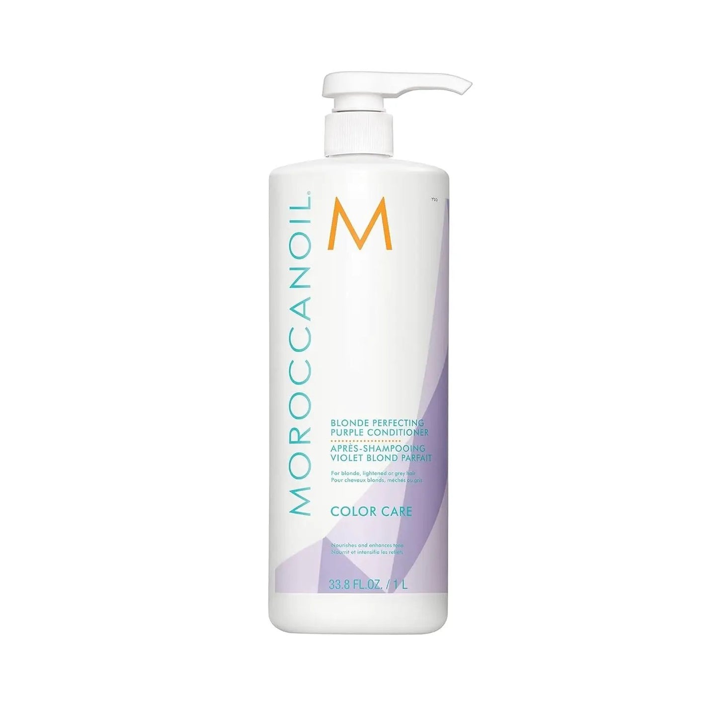 Moroccanoil Blonde Purple Conditioner bottle with pump, white container and lavender accents on Tampa Home & Garden Store