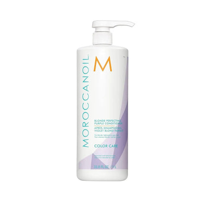 Moroccanoil Blonde Purple Conditioner bottle with pump, white container and lavender accents on Tampa Home & Garden Store