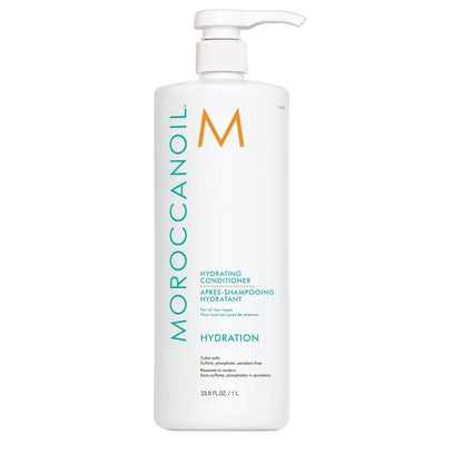 Moroccanoil Hydrating Conditioner bottle with white pump, turquoise vertical logo and orange M, 1 L on Tampa Home & Garden Store