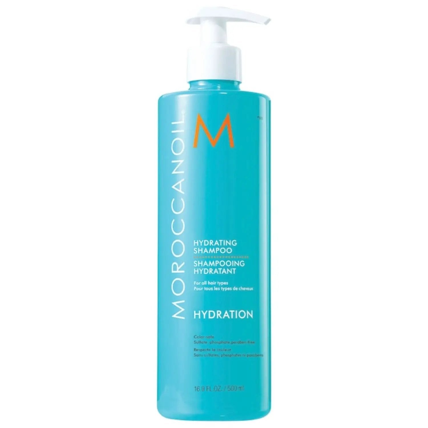 Moroccanoil Hydrating Shampoo bottle in turquoise with white pump on Tampa Home & Garden Store