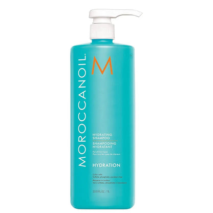 Moroccanoil Hydrating Shampoo bottle in turquoise with white pump and orange M logo on Tampa Home & Garden Store