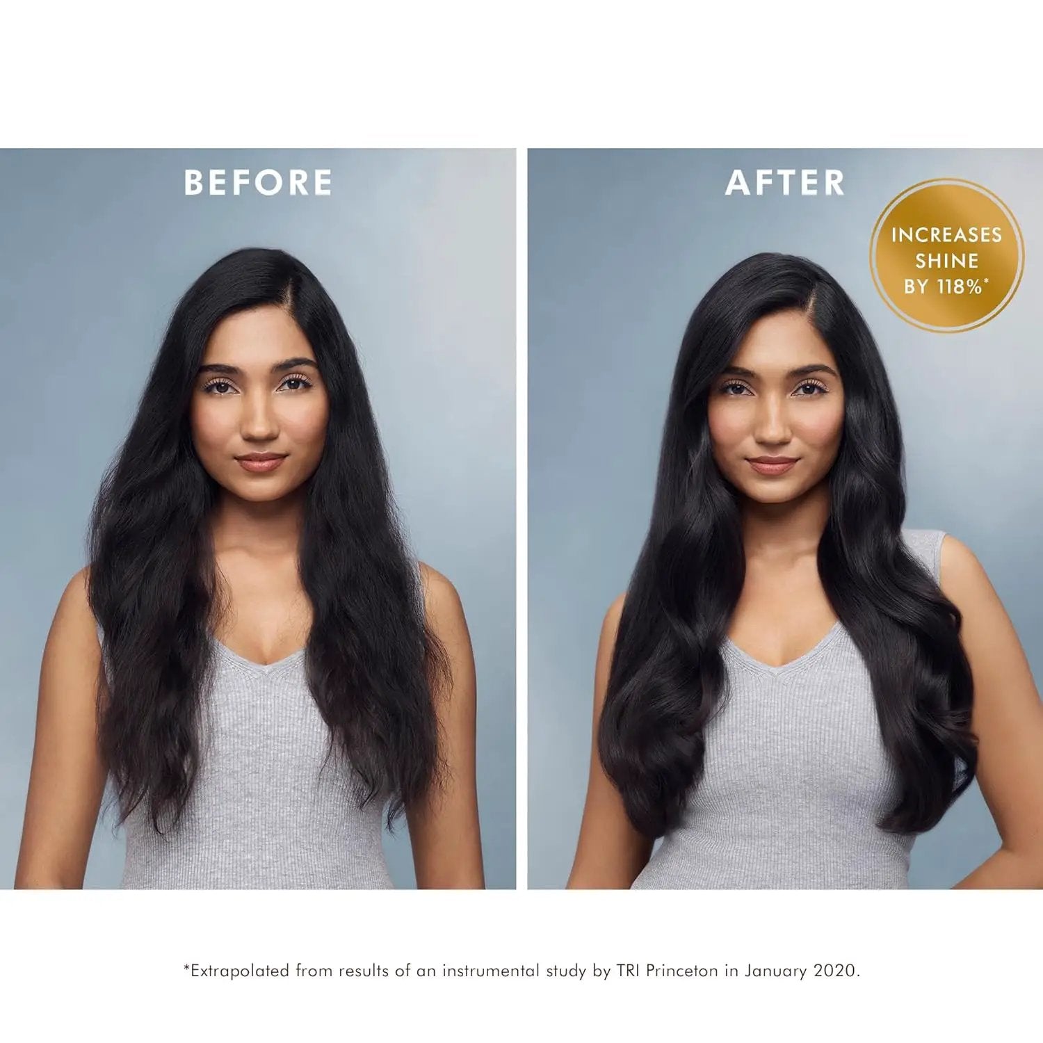 Moroccanoil Treatment Hair Oil before/after; Nava Beauty model with long black hair shifts from frizzy to sleek shine 2-panel on Tampa Home & Garden Store