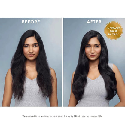 Moroccanoil Treatment Hair Oil before/after; Nava Beauty model with long black hair shifts from frizzy to sleek shine 2-panel on Tampa Home & Garden Store