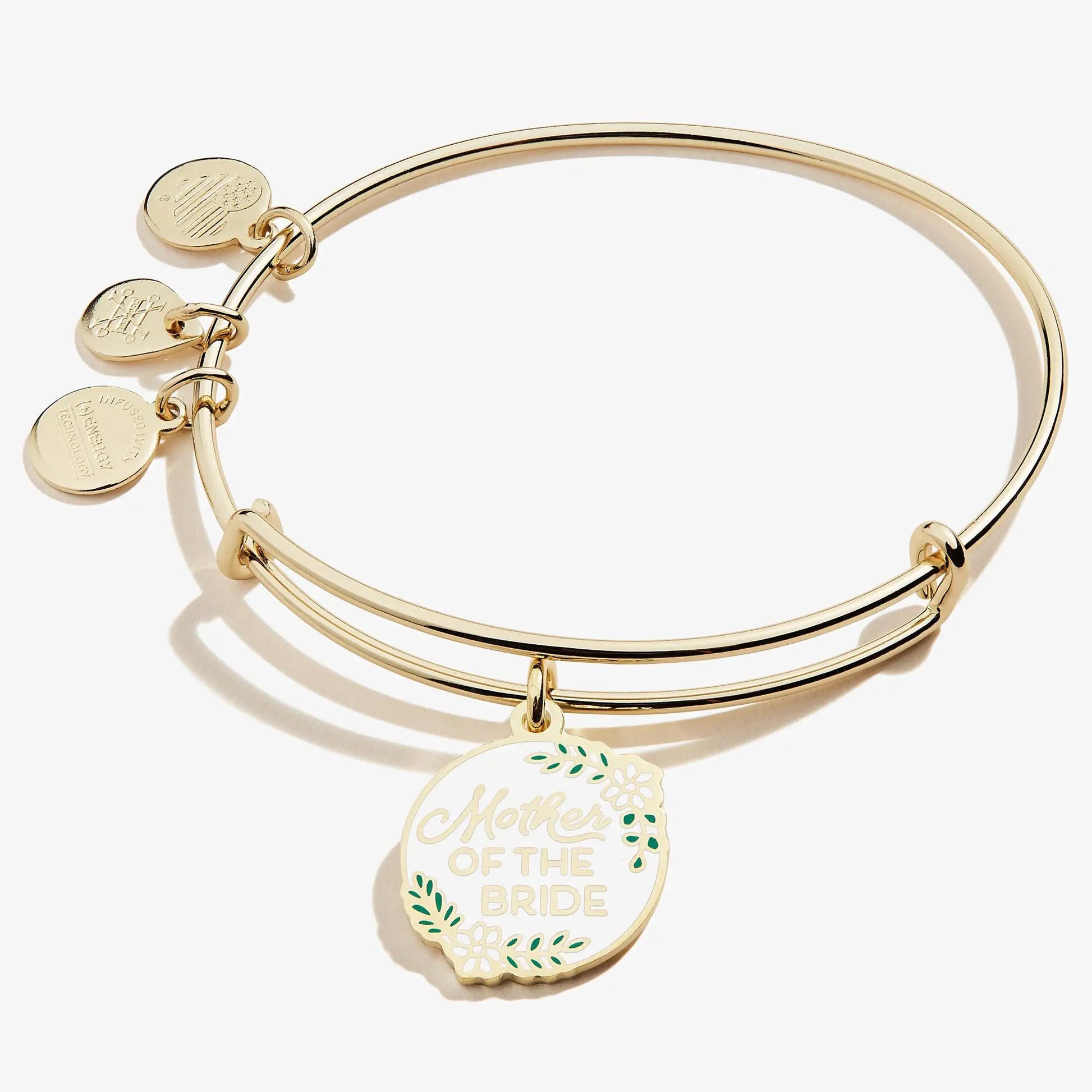 Mother of the Bride Charm Bangle by Alex and Ani, gold-tone bracelet with engraved charms on Tampa Home & Garden Store