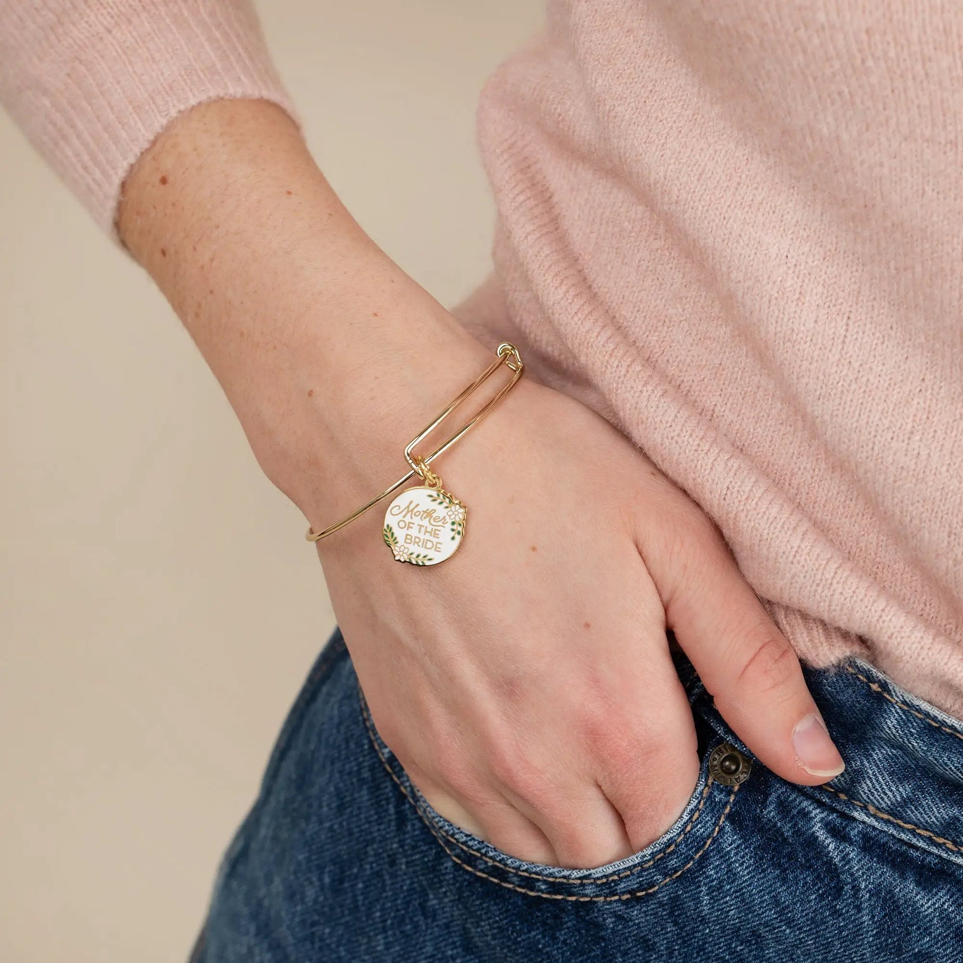 Mother of the Bride charm bangle gold-tone with round floral pendant on Tampa Home & Garden Store
