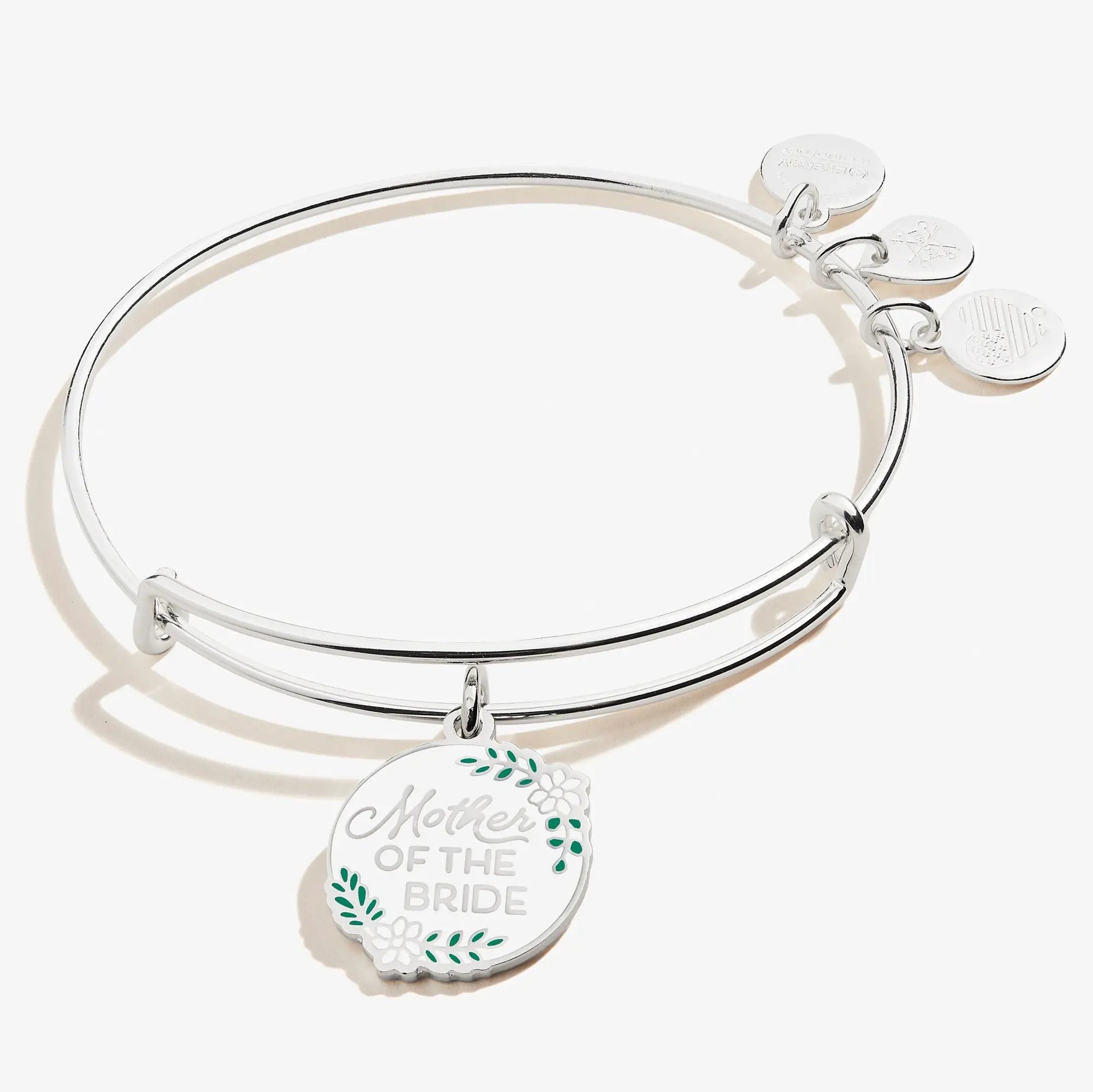 Mother of the Bride charm bangle by Alex and Ani with a round pendant and engraved discs on silver on Tampa Home & Garden Store