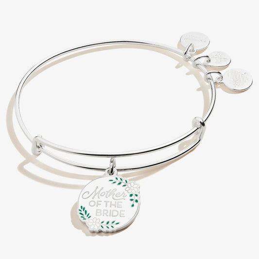 Mother of the Bride charm bangle by Alex and Ani with a round pendant and engraved discs on silver on Tampa Home & Garden Store