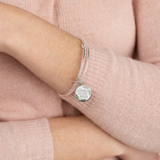 Mother of the Bride charm bracelet by Alex and Ani on silver bangle on Tampa Home & Garden Store