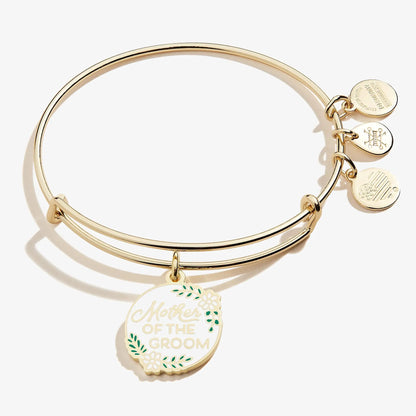 Mother of the Groom Charm Bangle in gold-tone with round pendant and floral accents on Tampa Home & Garden Store