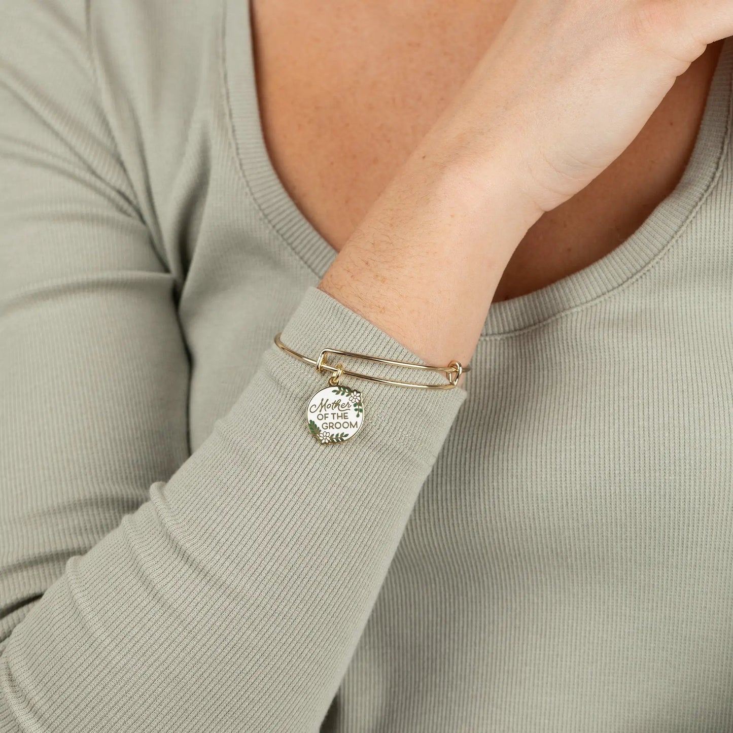 Alex and Ani Mother of the Groom charm bracelet, gold-tone band with round floral charm on Tampa Home & Garden Store