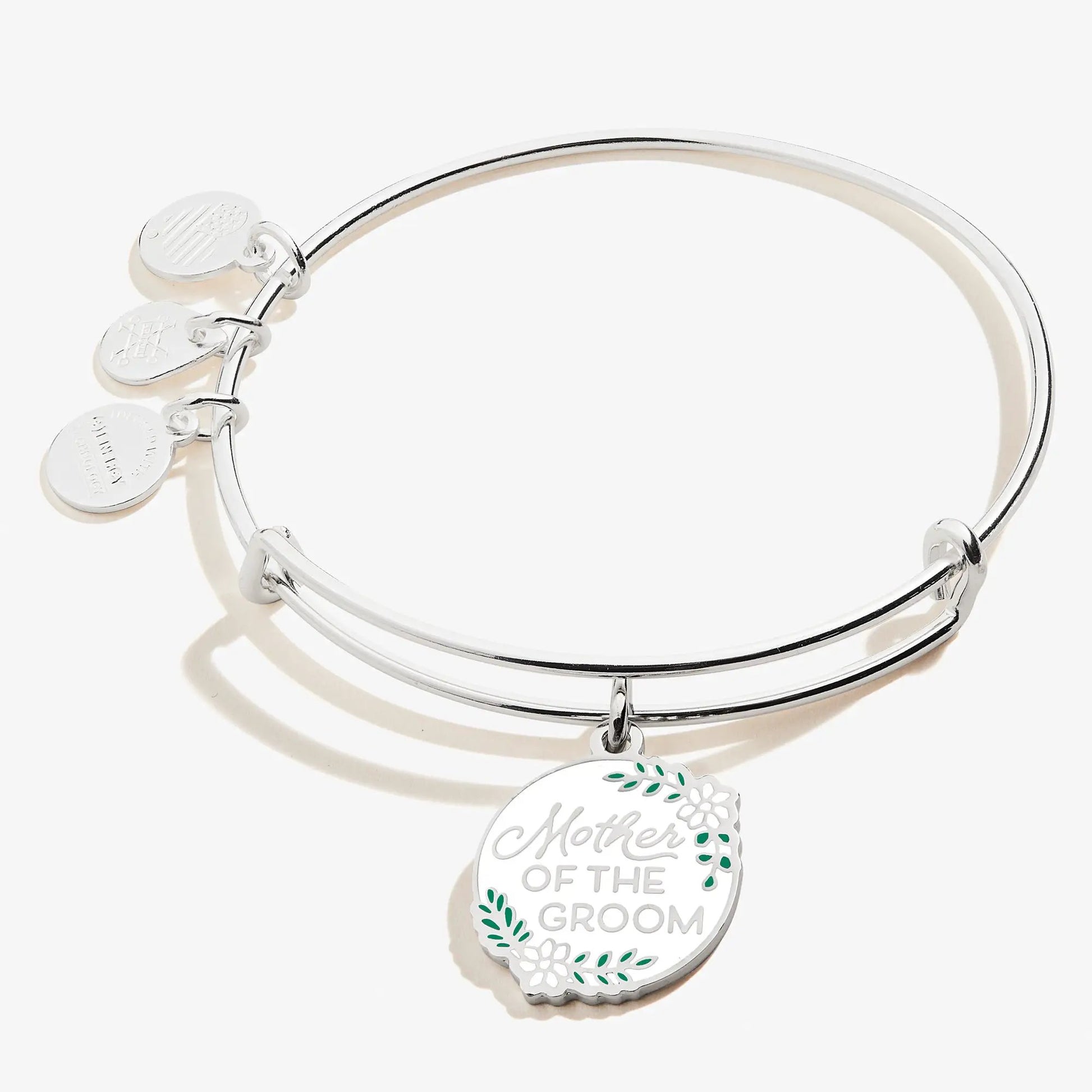 Alex and Ani Mother of the Groom charm bracelet, silver bangle with engraved round charms on Tampa Home & Garden Store