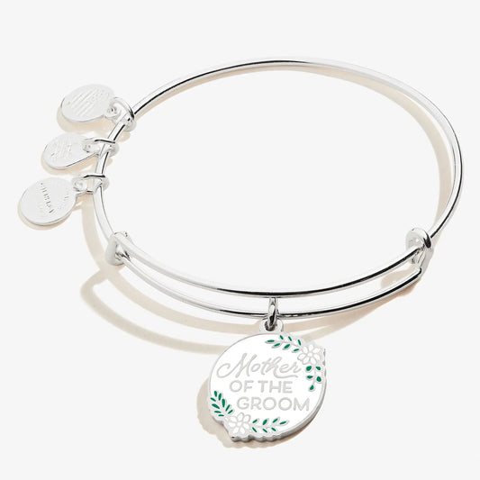 Alex and Ani Mother of the Groom charm bracelet, silver bangle with engraved round charms on Tampa Home & Garden Store