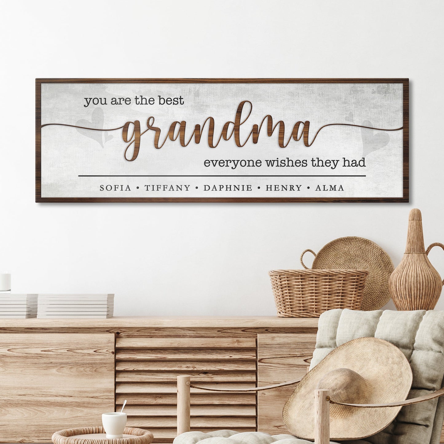Tailored Canvases wood-framed canvas sign with grey background brown grandma script on Tampa Home & Garden Store