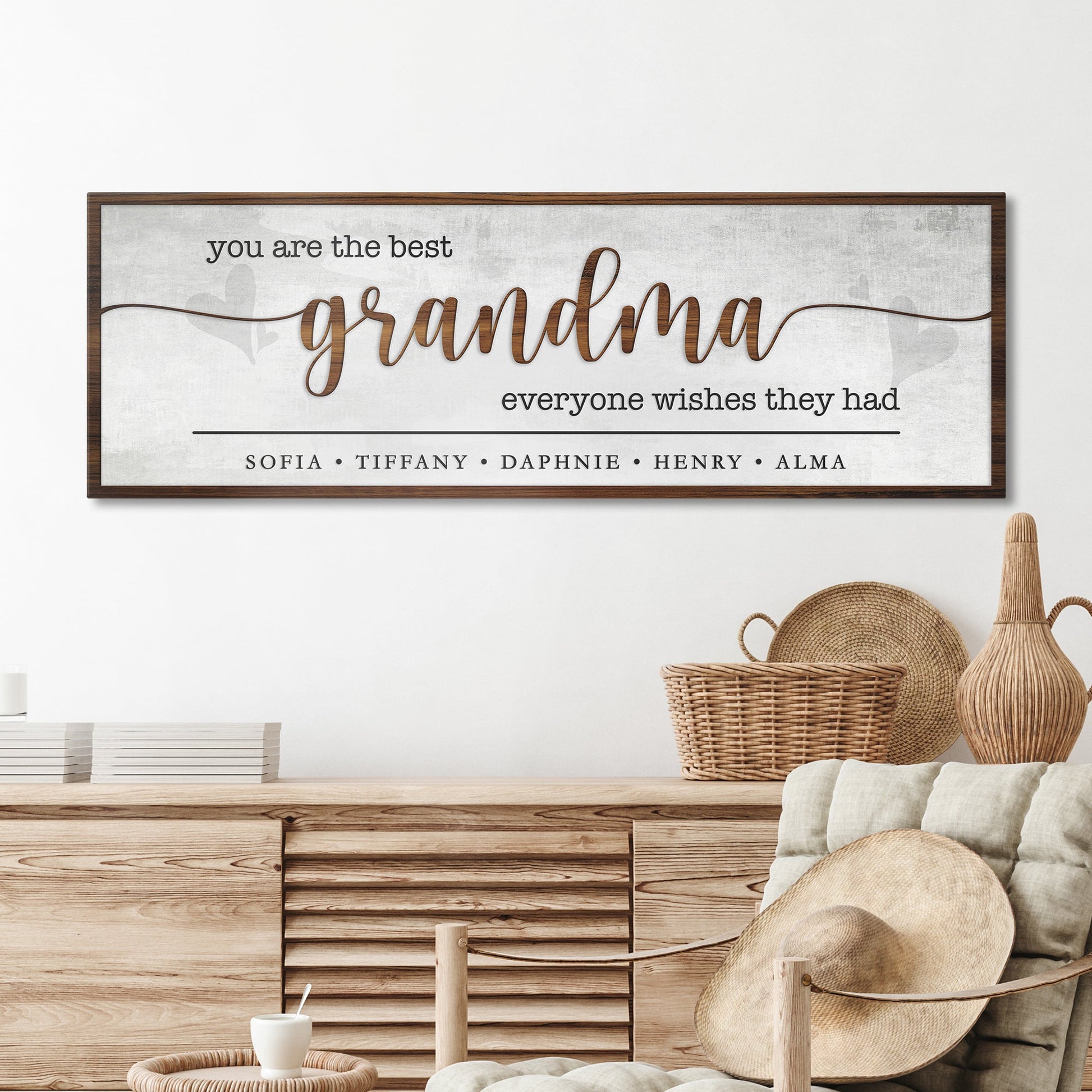 Tailored Canvases wood-framed canvas sign with grey background brown grandma script on Tampa Home & Garden Store