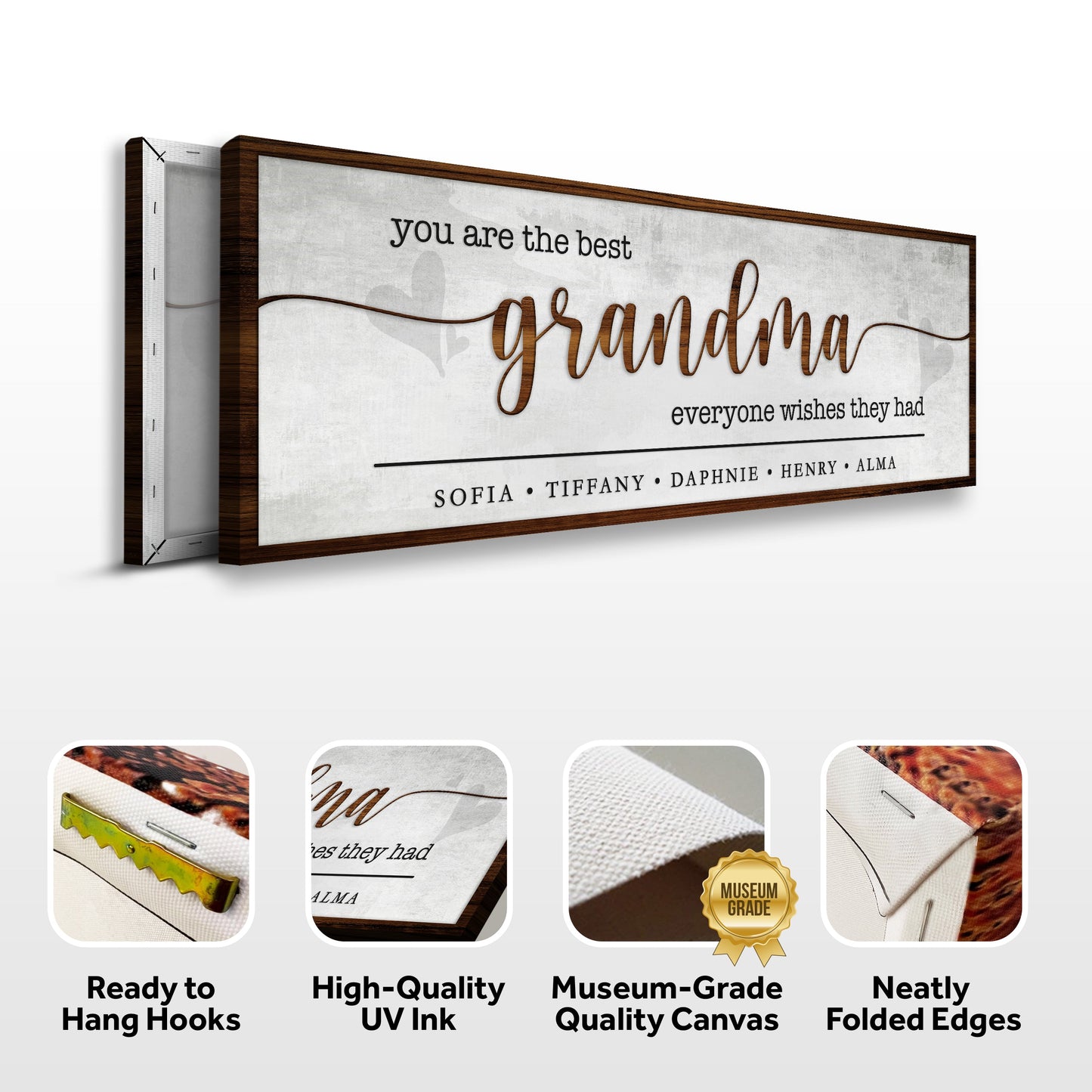 Personalized Mothers Day Gift for Grandma Sign II canvas framed in wood with script grandma on Tampa Home & Garden Store