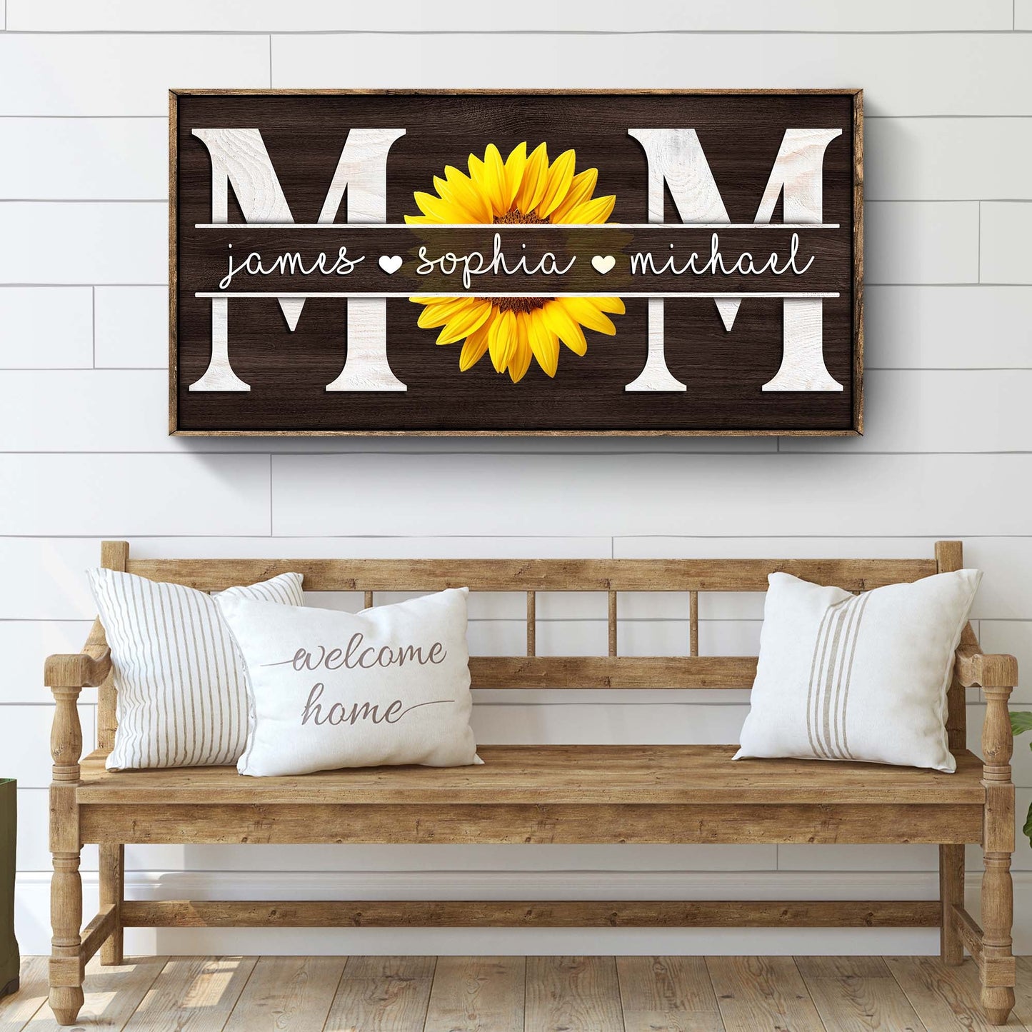 Mothers Day personalized canvas sign with MOM letters and sunflower centerpiece, names on Tampa Home & Garden Store