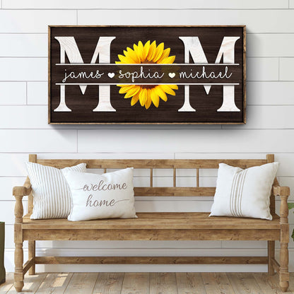 Mothers Day personalized canvas sign with MOM letters and sunflower centerpiece, names on Tampa Home & Garden Store