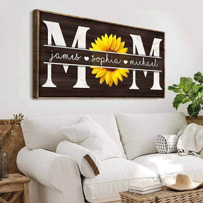 Mothers Day Personalized Gift Canvas with sunflower accent and three names on a dark wood panel on Tampa Home & Garden Store