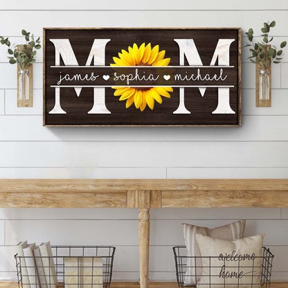 Mothers Day personalized canvas sign with white MOM letters and sunflower, names James Sophia on Tampa Home & Garden Store