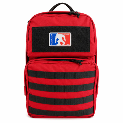 Mothman Backpack by SquatchSurvivalGear red military-style EDC backpack with black MOLLE straps on Tampa Home & Garden Store