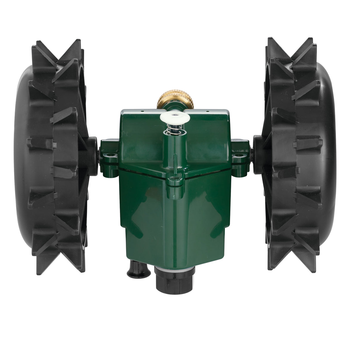 Orbit Irrigation Traveling Sprinkler Motor Assembly 26025 hose with green body black wheels on Tampa Home & Garden Store