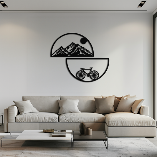 Mountain View Metal Wall Art - Half Circle Bicycle and Landscape Silhouette Decor- KAF321 - Tampa Home & Garden Store