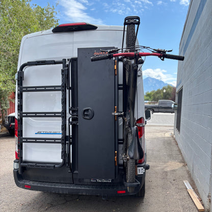Avatar Centi Van Storage Box dark gray on rear mounting rack with a mounted bike on Tampa Home & Garden Store