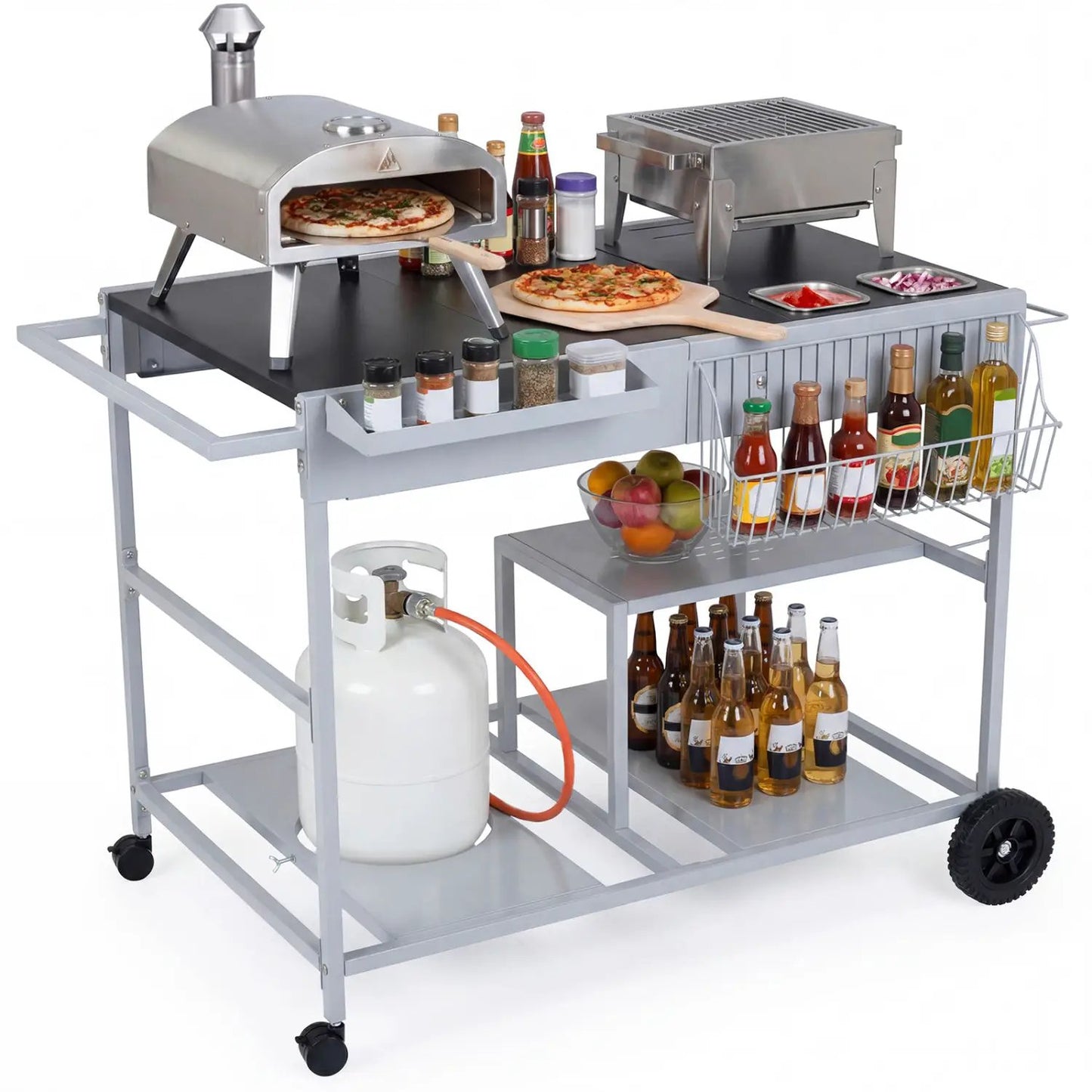 Movable Grill Table With Spice Containers Station