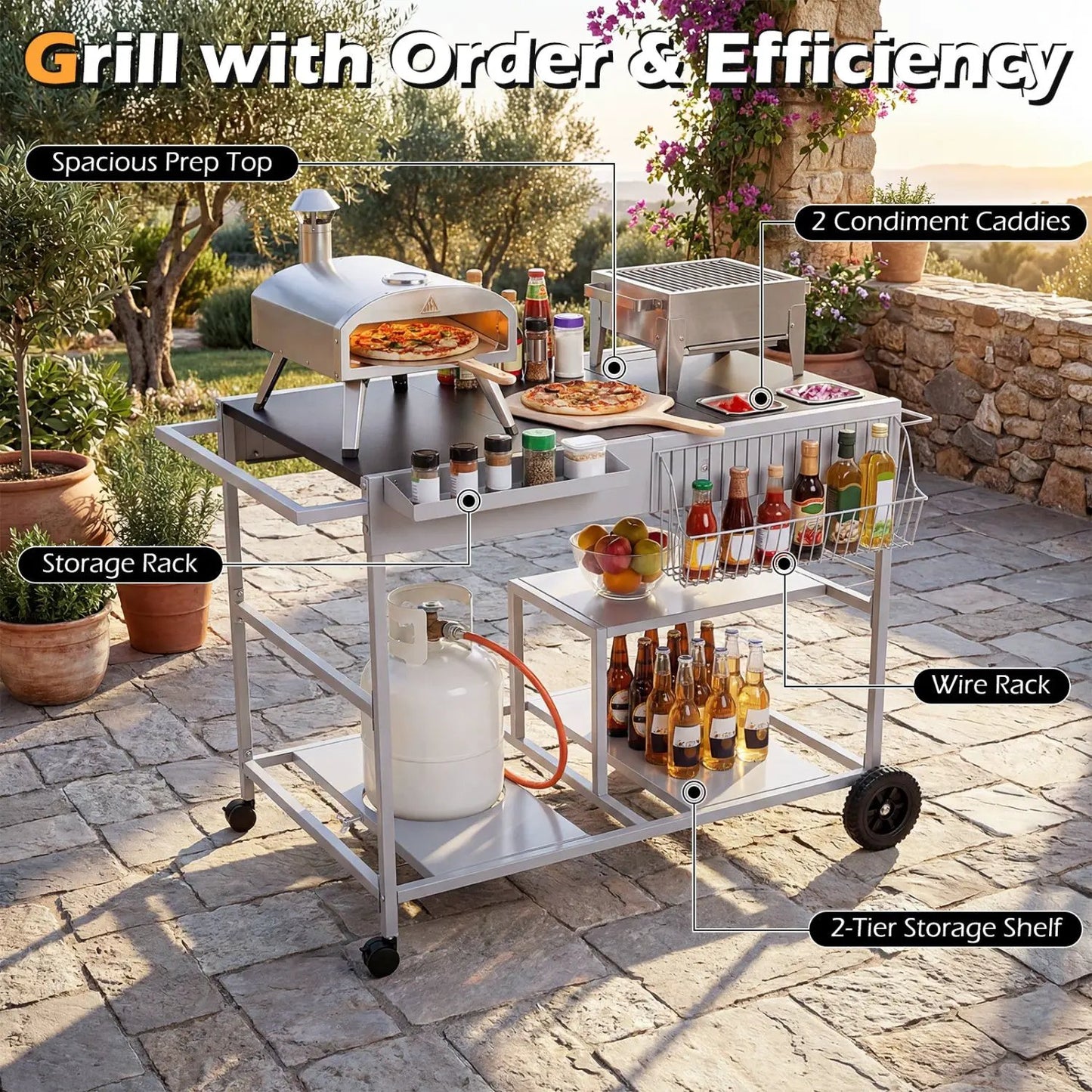 Movable Grill Table With Spice Containers Station