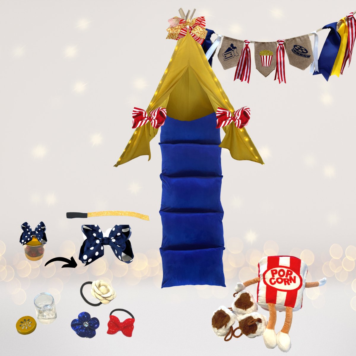 Movie Night Kids Tent Gift Set with blue padded tunnel tent and gold canopy on Tampa Home & Garden Store