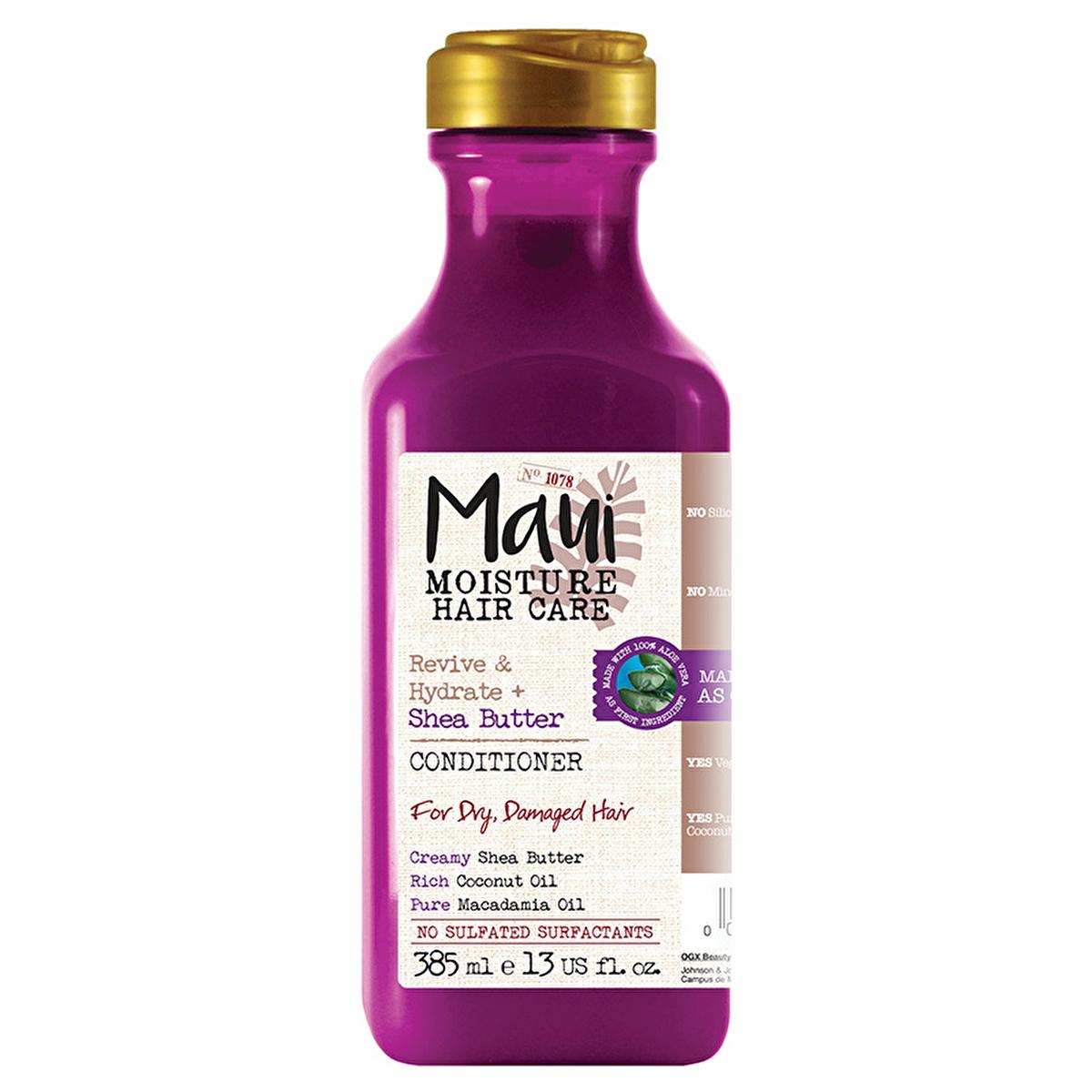 Maui Moisture Conditioner bottle in purple with gold cap; Shea Butter for dry damaged hair on Tampa Home & Garden Store
