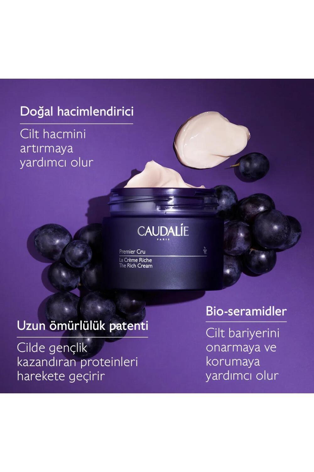 Caudalie Premier Cru The Rich Cream jar in purple with cream swirls and grapes on backdrop on Tampa Home & Garden Store